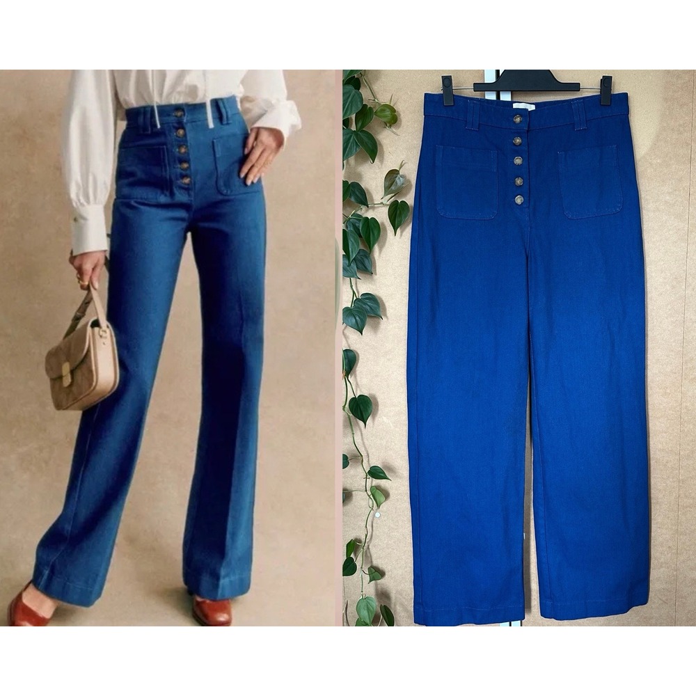Sezane‎ Pantalon Chuck Blue Cotton Pocket Wide Leg Button Pants Sz US 12 FR 44